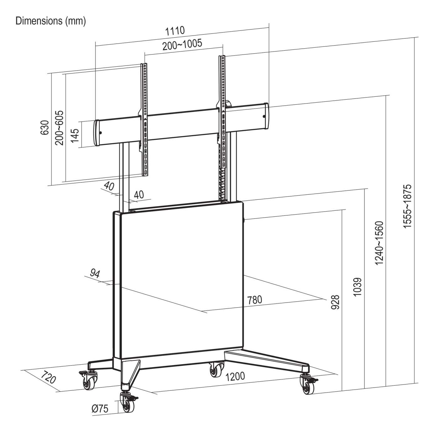TV-Ständer auf Rollen, höhenverstellbar mit werkzeuglosem Lift&Lock-System, für 50 bis 100 Zoll Image 15