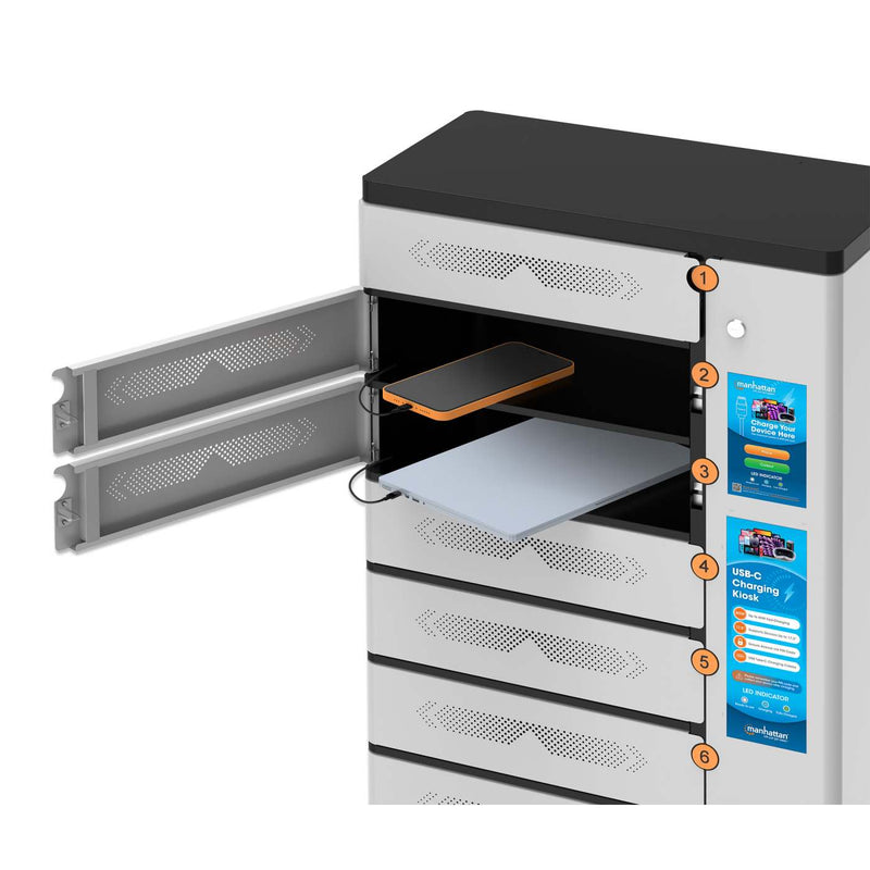Open compartments of a Manhattan USB-C charging kiosk