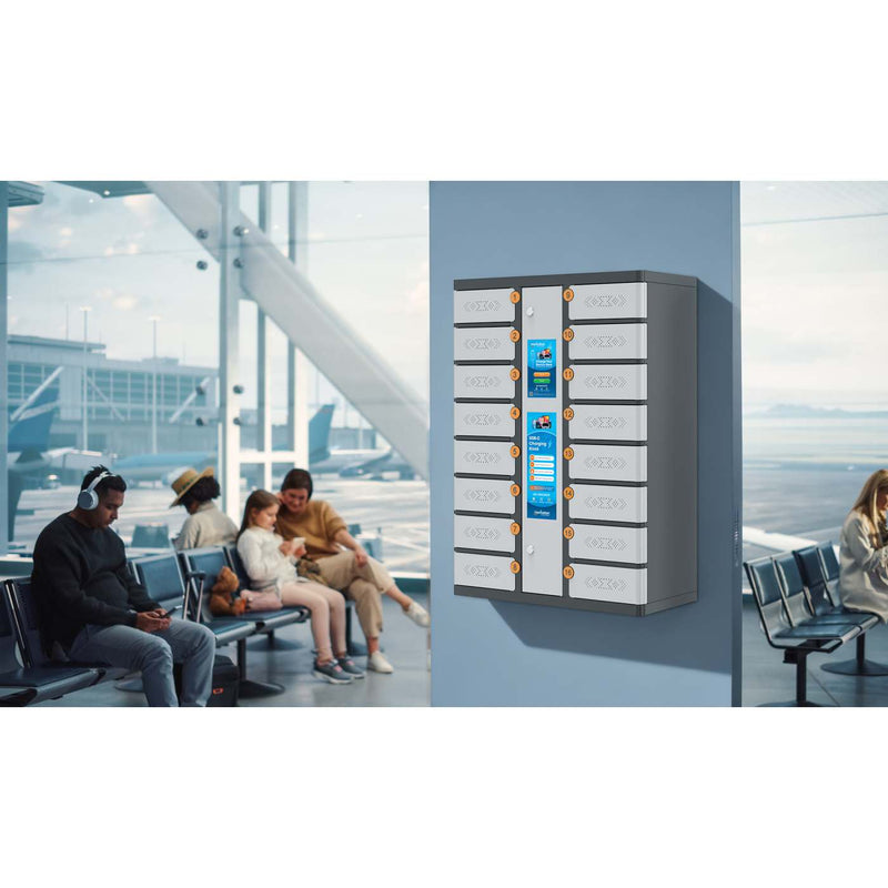 USB-C charging kiosk with individual compartments at an airport