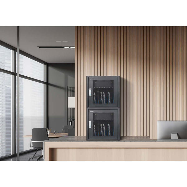 Stacked Manhattan desktop charging cabinets