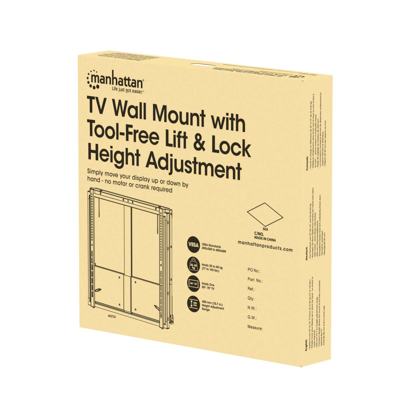TV-Wandhalterung, höhenverstellbar mit werkzeuglosem Lift&Lock-System, für 55 bis 75 Zoll Packaging Image 2