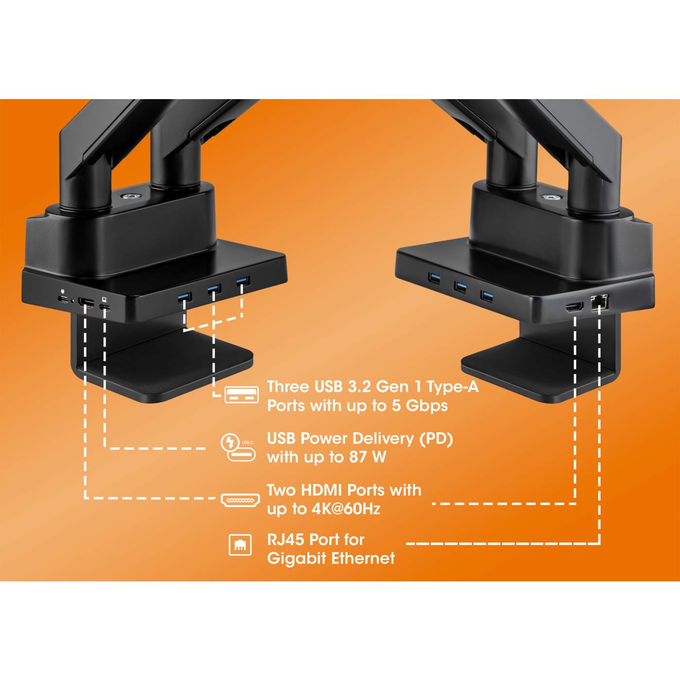 Aluminium-Tischhalterung mit Gasdruckfeder für zwei Monitore & 8-in-1-Dockingstation Image 4