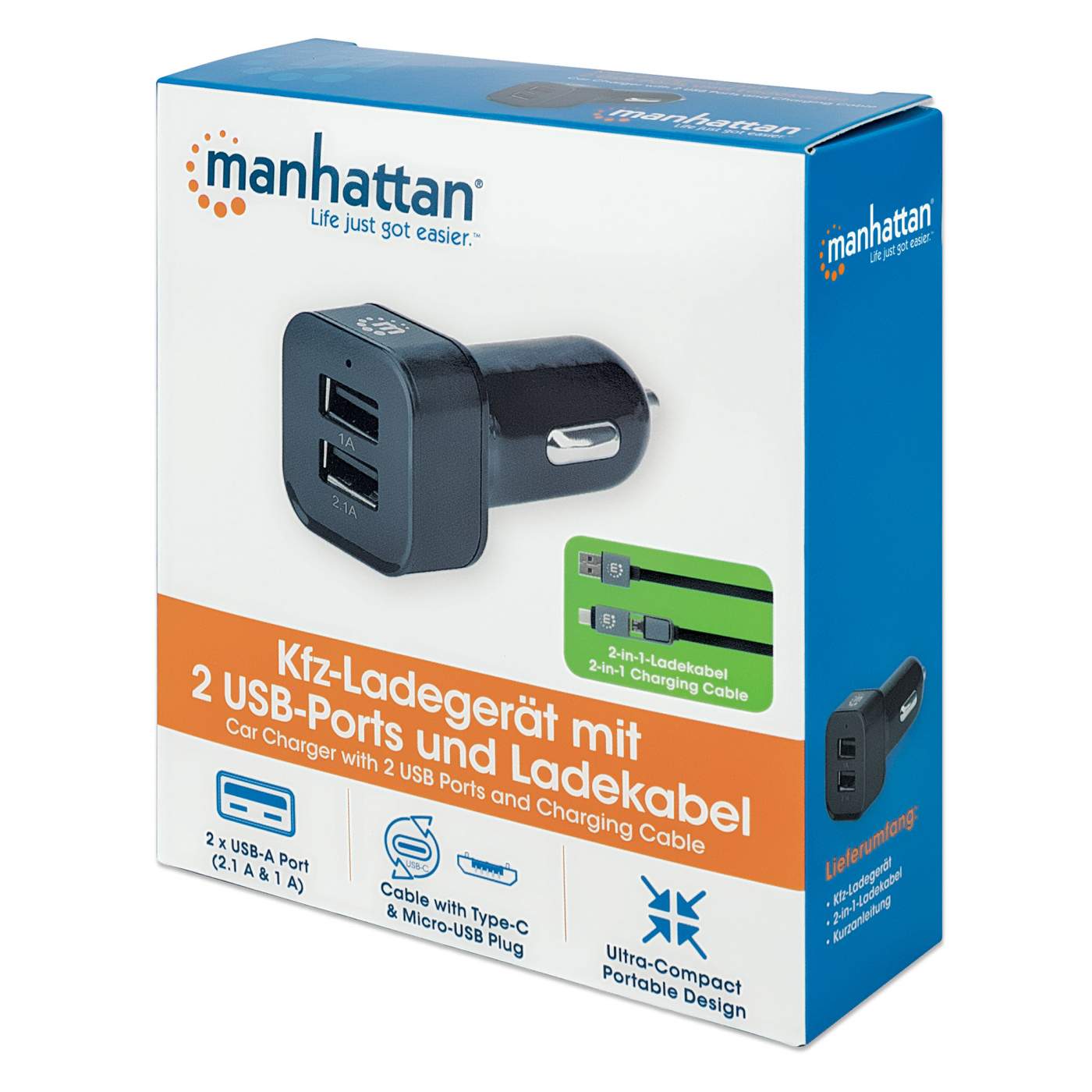 Manhattan Kfz-Ladegerät mit 2 USB-Ports und Ladekabel (102179)